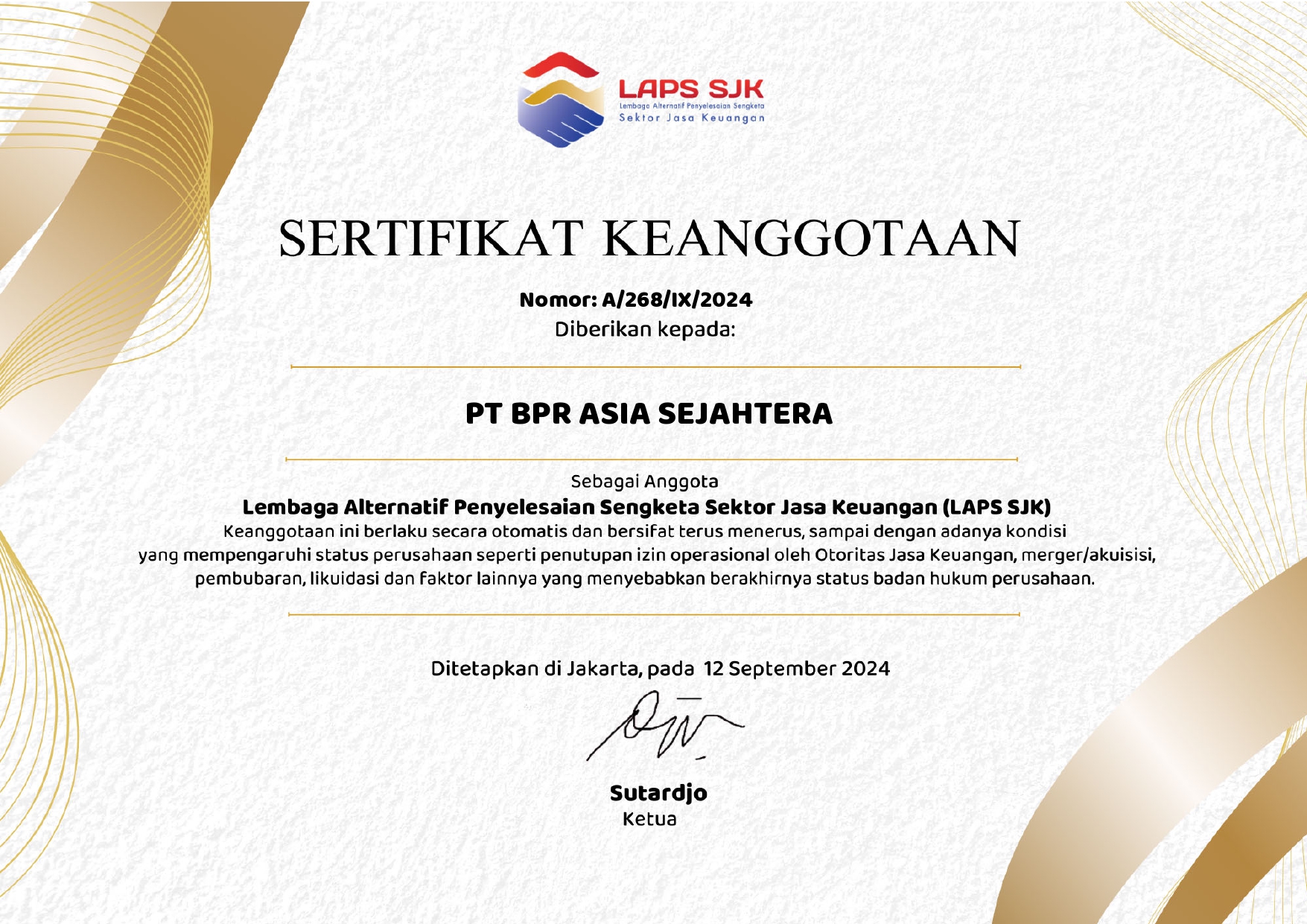 Sertifikat PT. BPR Asia Sejahtera